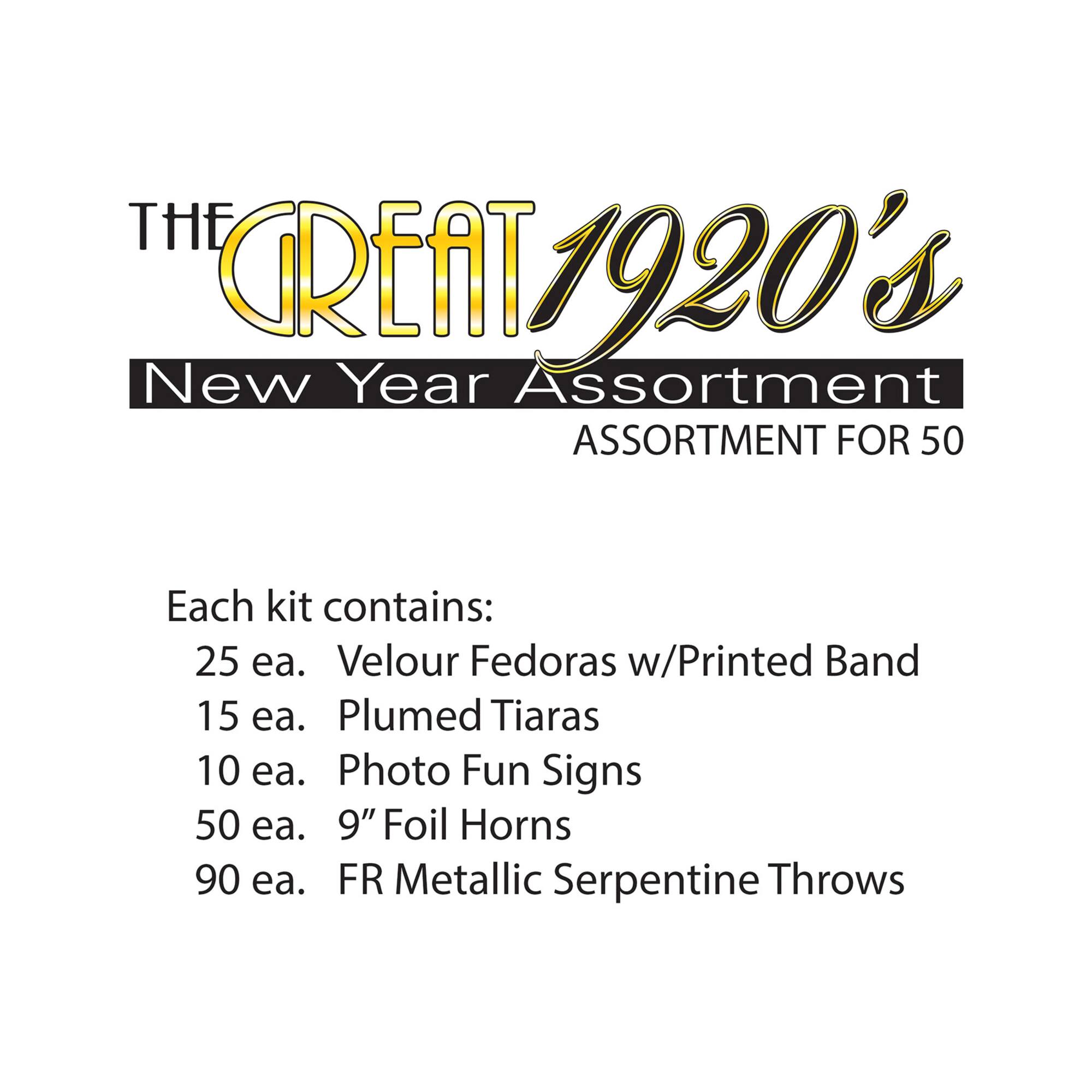 Beistle New Year 1920’s Black & Gold Hats, Tiaras, Horns & Serpentine Kit